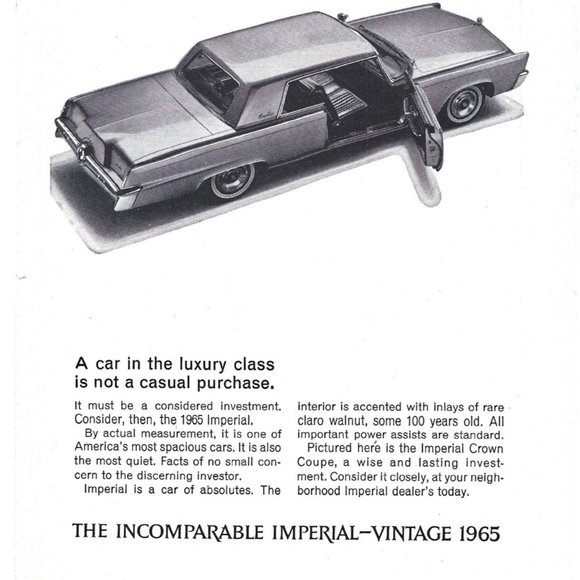 Chrysler 1965 Imperial Vintage Car Vintage Print Ad 9 inch Tall - Picture 2 of 4